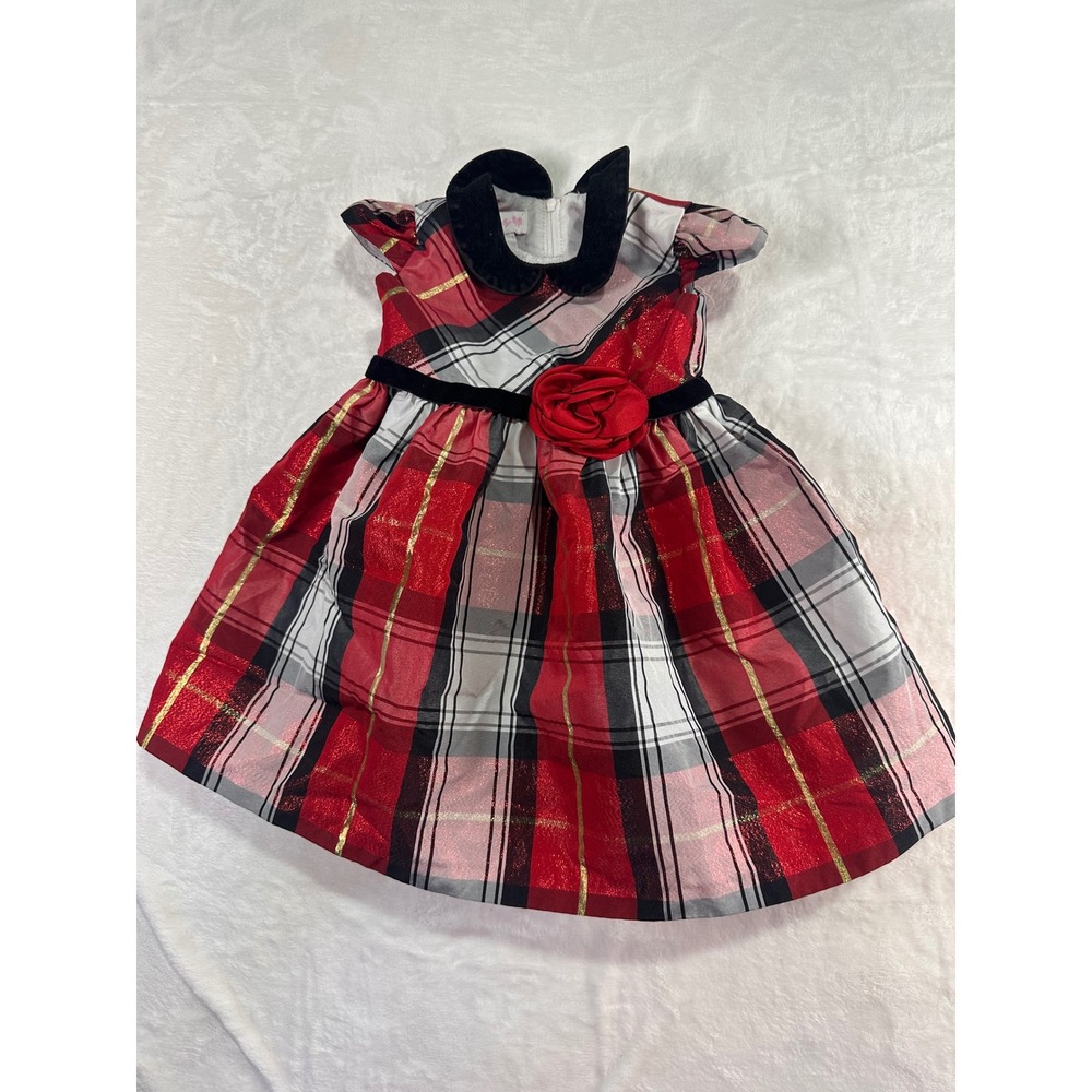 Bonnie Baby Plaid Holiday Dress 18M Red Gold Velvet Rosette Christmas Baby Girl
